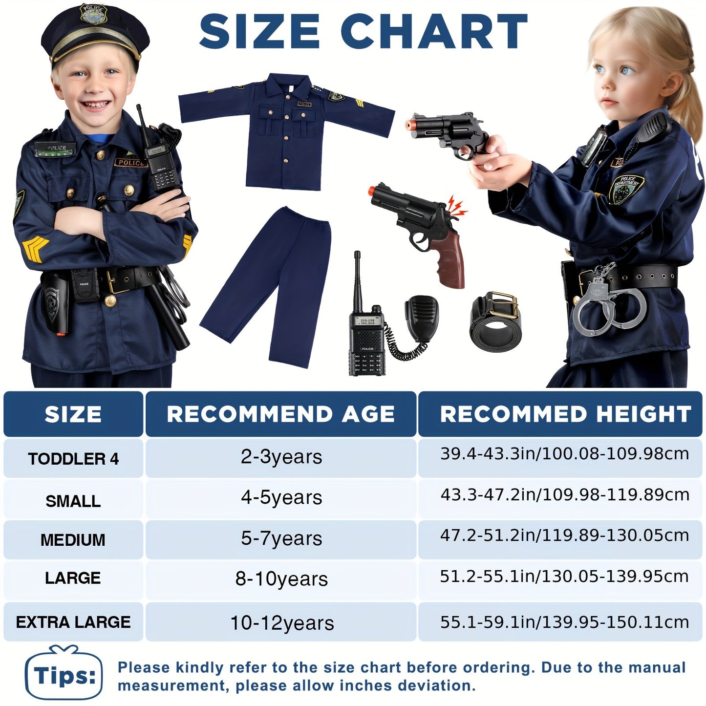 Boys Girls Police Officer Costume For Kids, Boys Girls Police Costume For Kids With Police Uniform, Recorder, Shoulder Police Lights.