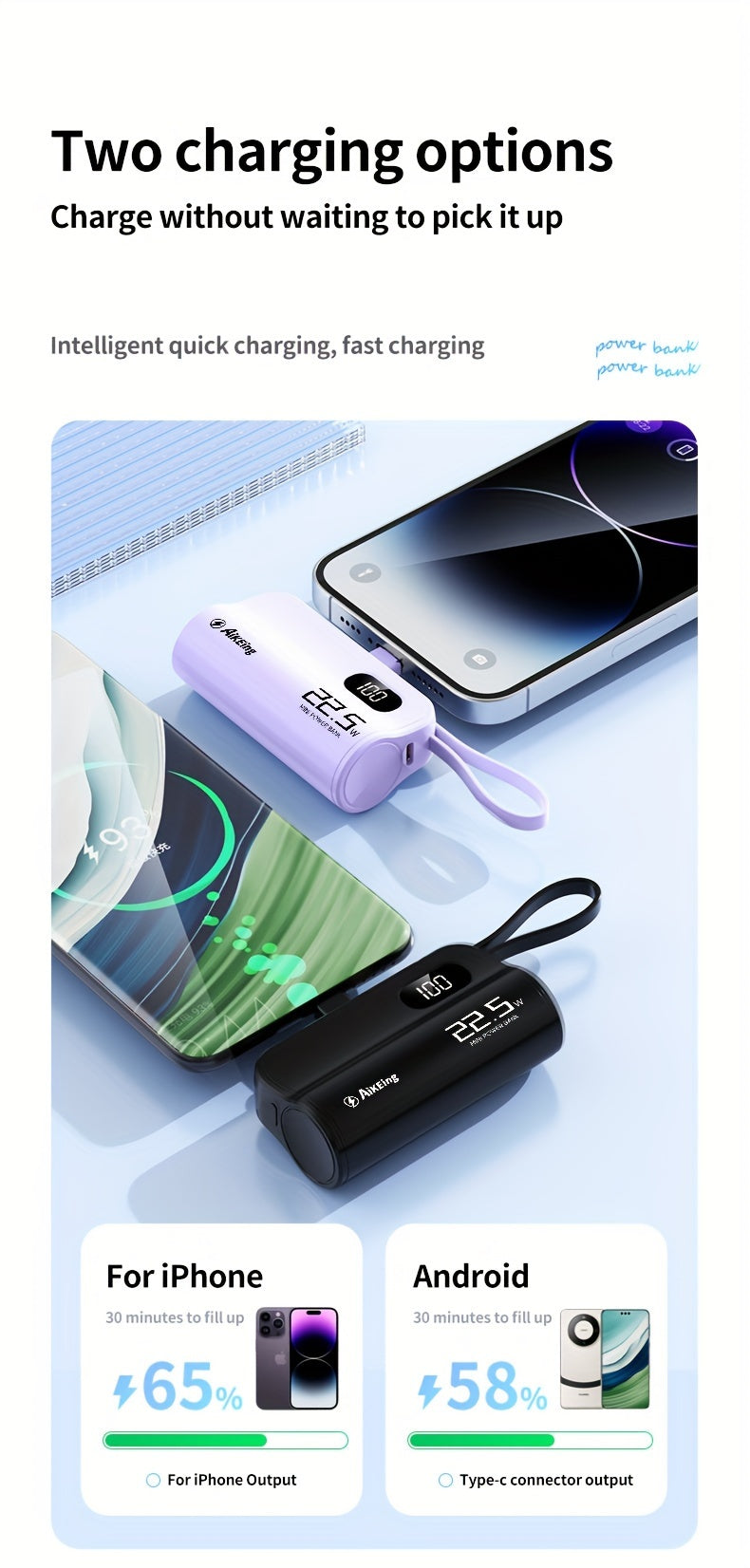 Aikeing Capsule Mini Mobile Power Portable Fast Charging 5800mAh Wireless Phone Holder Charger With Type-C And Applicable Iphone Dual Interface, Compatible With All Mobile Phones, Can Be Used For Air Travel