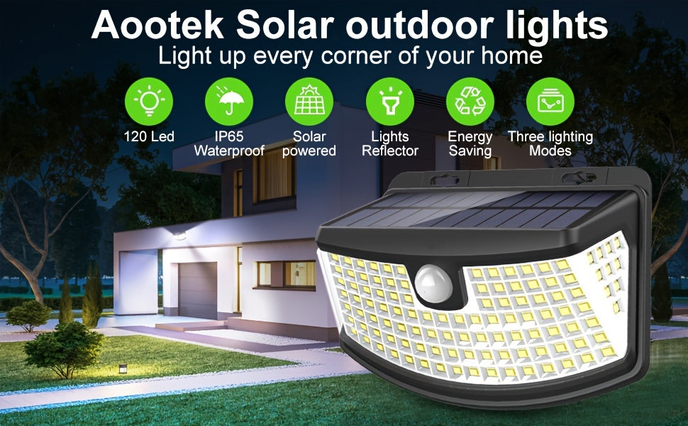 Aootek New Solar Motion Sensor Lights 120 LEDs With Lights Reflector, 270° Wide Angle, IP65 Waterproof, Step Lights For Front Door, Yard, Garage, Deck