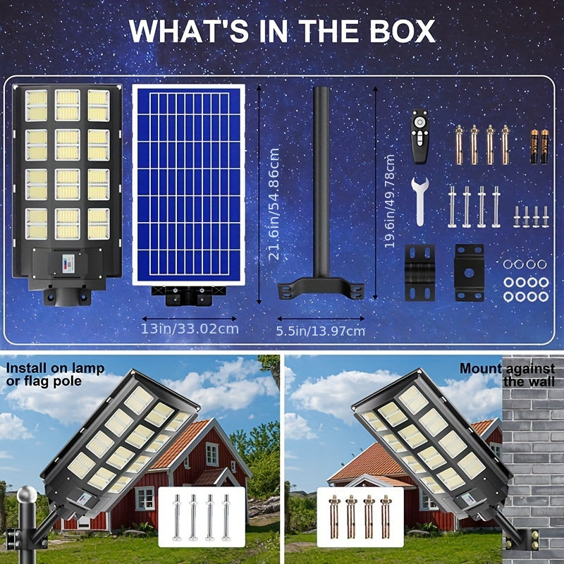 1 Pack 5000W Outdoor Solar Street Light, Commercial Grade Outdoor Dusk To Dawn Solar Street Light, Outdoor Solar Light With Motion Sensor And Remote Control, Solar Parking Lot Lights For Yard, Countryside