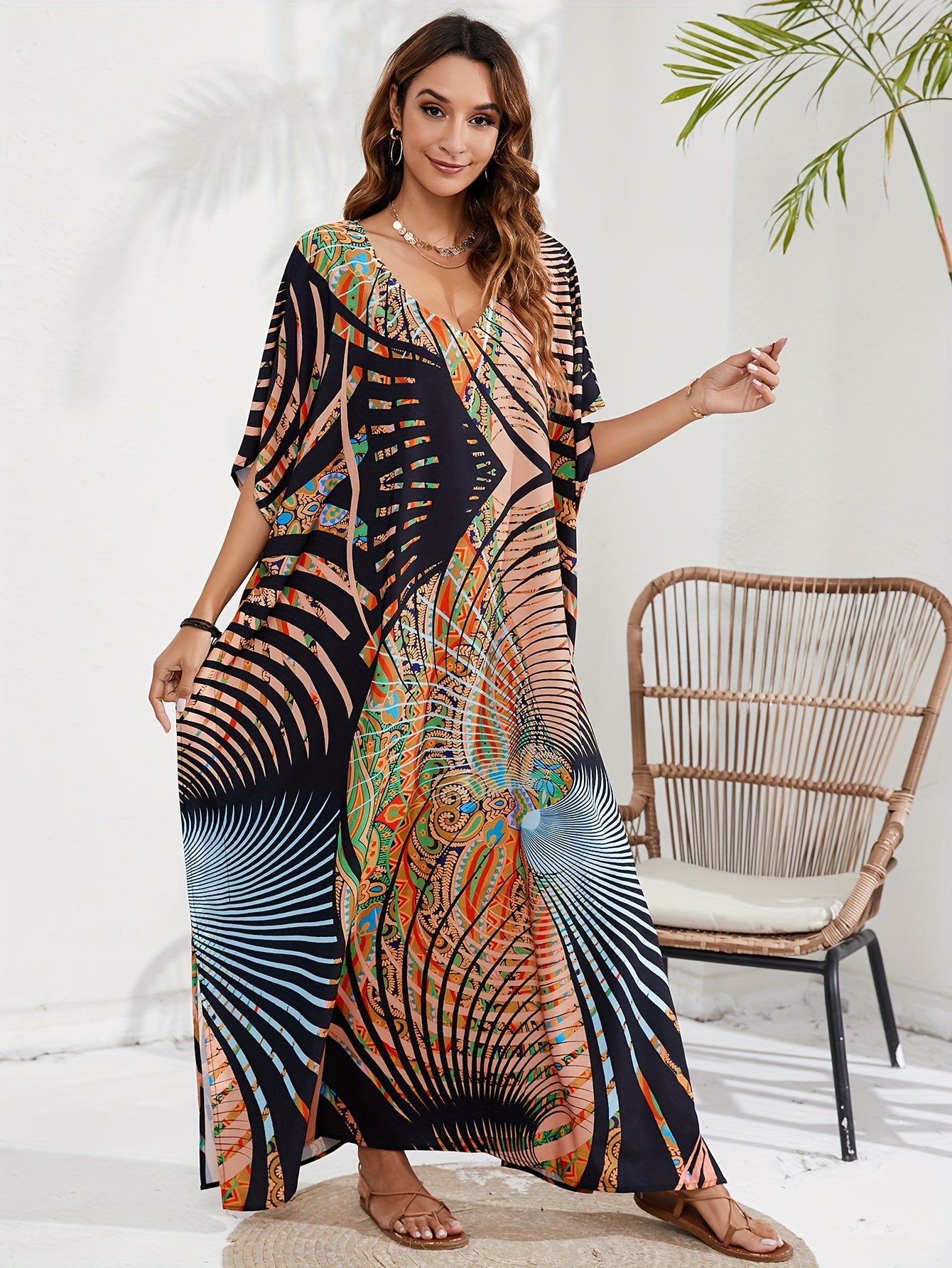 Striped Print Boho Style Cover Up Dress, V Neck Loose Fit Beach Kaftan, Women's Swimwear & Clothing