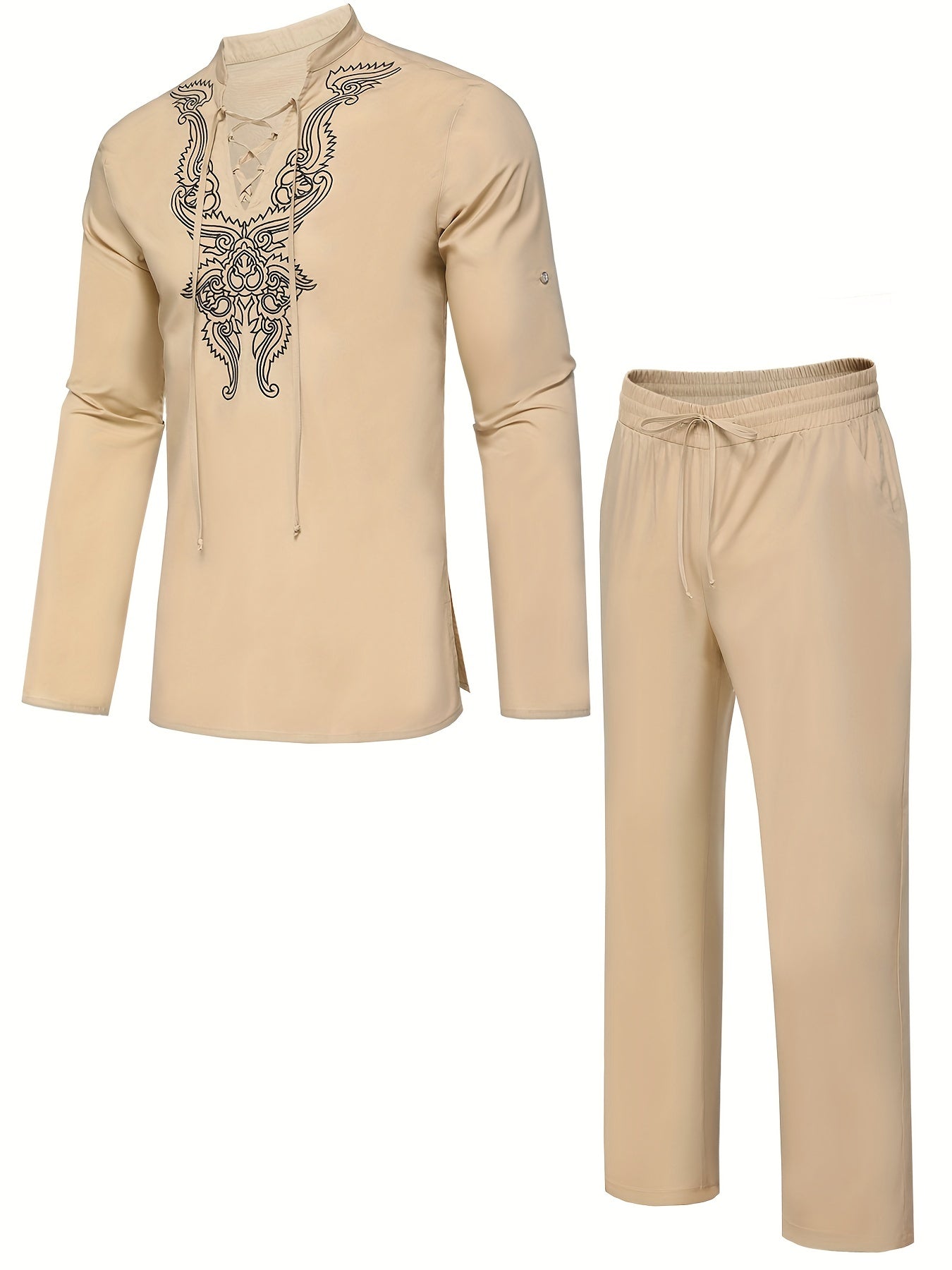 Cotton Boho Style Pattern Embroidery Men's 2 Pieces Outfits, Long Sleeve Lace Up Shirt And Drawstring Solid Trousers Set