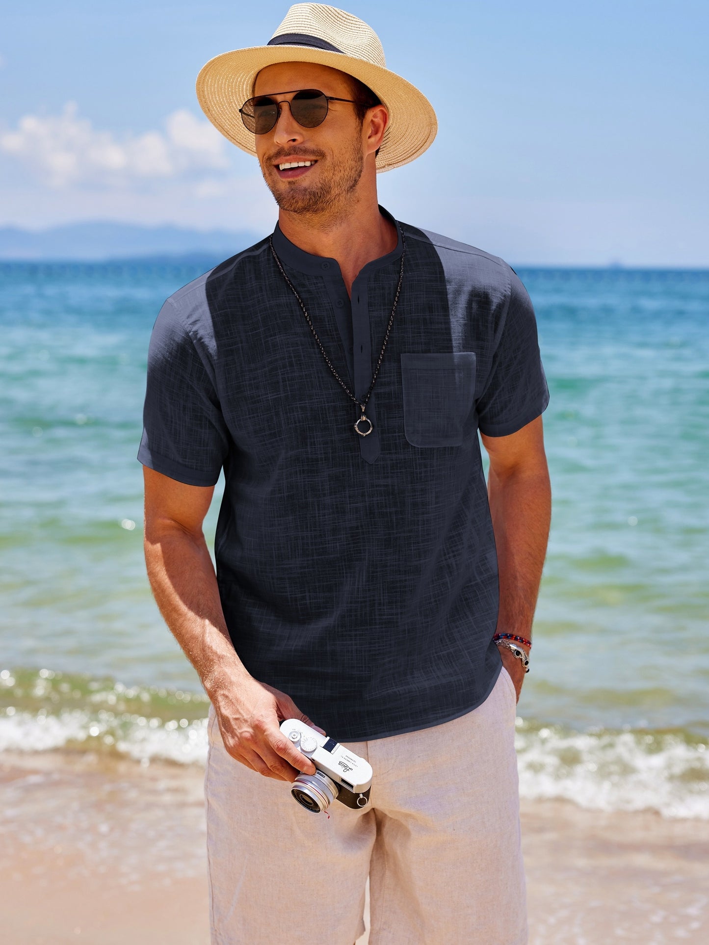 Men's Cotton Linen Henley Shirt Short Sleeve Hippie Casual Beach T-Shirts with Pocket