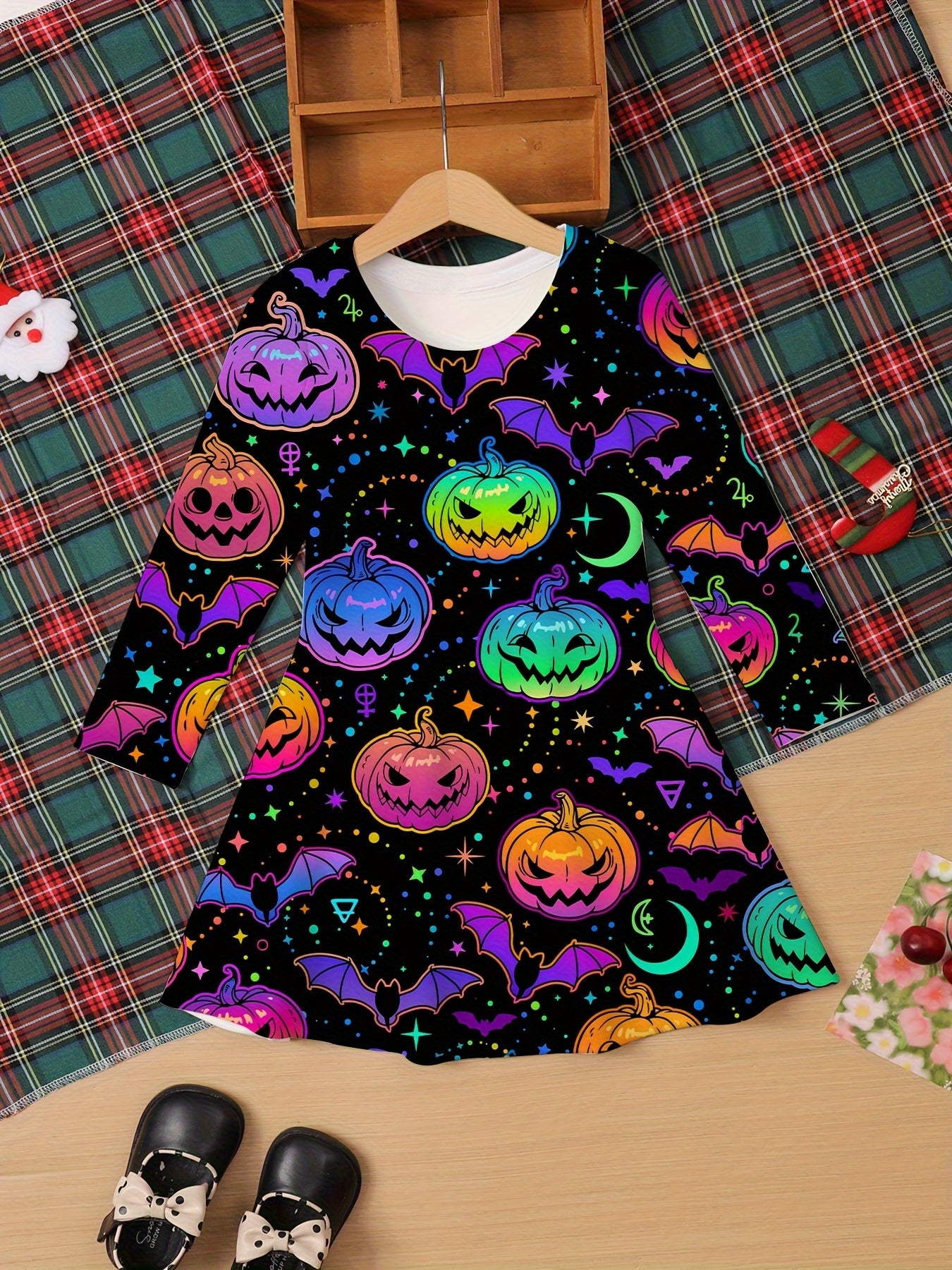 Kids' Halloween A-Line Dress - Long Sleeve 3D Printed Pumpkin Tunics, Casual Polyester Knit Fabric with Slight Stretch for Children Aged 3-12