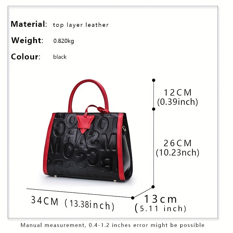 Luxury Genuine Leather Tote Bag, Women's Letter Embossed Handbag, Large Capacity Satchel Purse