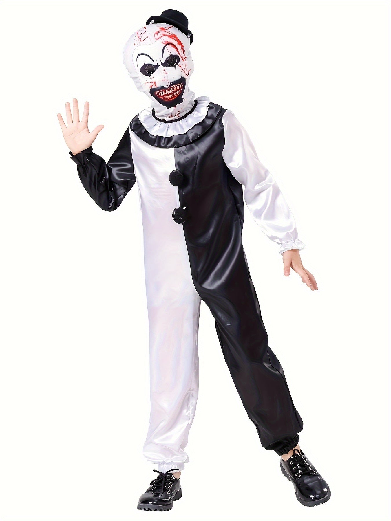 Horror Themed Party Outfit For Boys - Black And White Clown Jumpsuit And Matching Mask - Scary Clown Dress Up Clothes Set, Perfect For Halloween Holiday Carnival Party