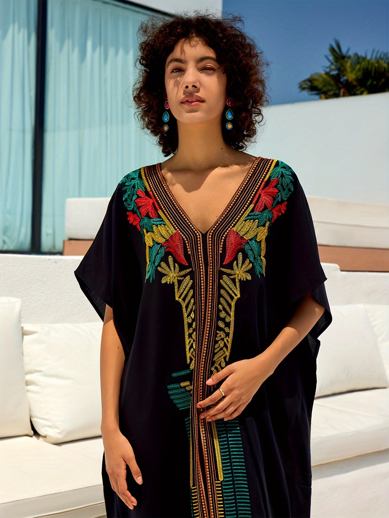 Embroidery Kaftan Dress Women Bohemian House Dress Split Thigh Beachwear Dubai Abaya