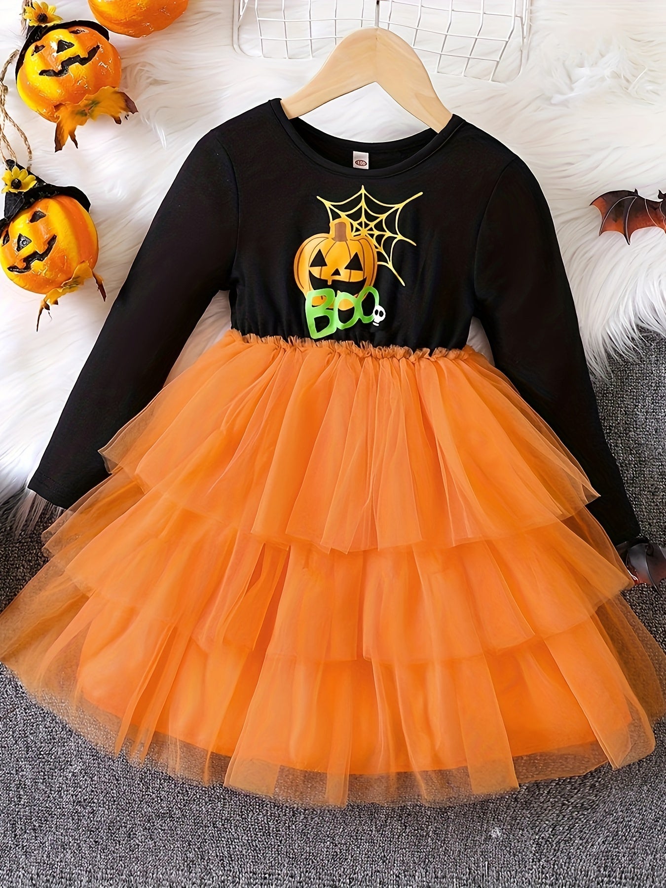 Halloween Little Girl's Long Sleeve Tutu Dress Spider & Pumpkin Print Fall Winter Holiday Halloween Dress