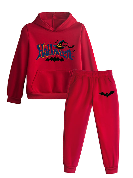 Kids' Halloween Costume Set, Bat And Witch Print Hoodie And Sweatpants, Casual Outfit For Boys, Autumn And Winter