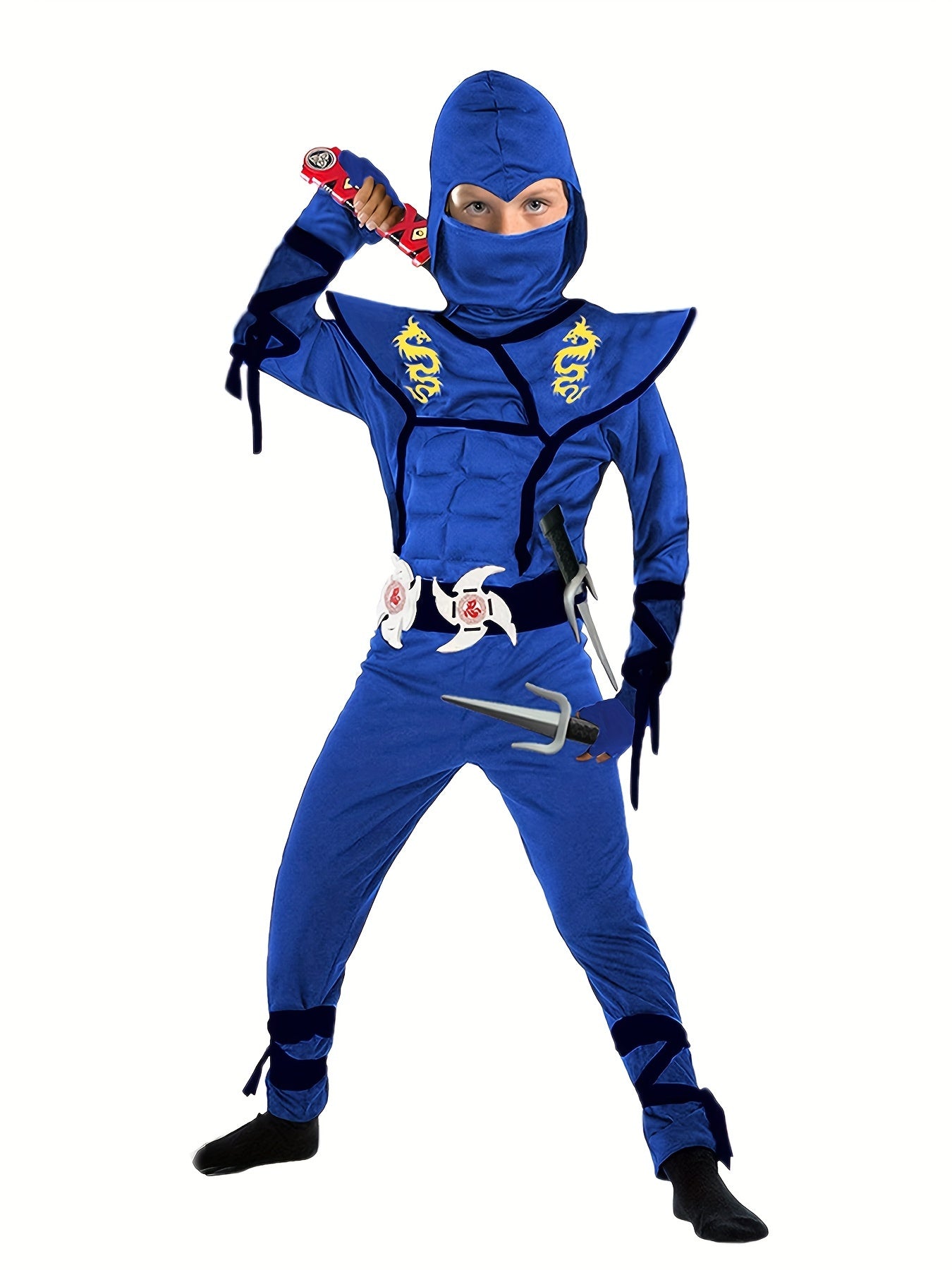 Deluxe Children's Ninja Outfit Set, Muscle Ninja Apparel for Halloween Boys Role-play, Polyester Spandex Blend, Crew Neck, Zippered, Suitable for Over 3 Years Old