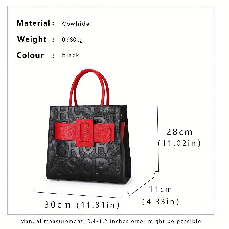 Luxury Genuine Leather Handbag, Letter Embossed Tote Bag, Elegant Shoulder Satchel Purse For Women