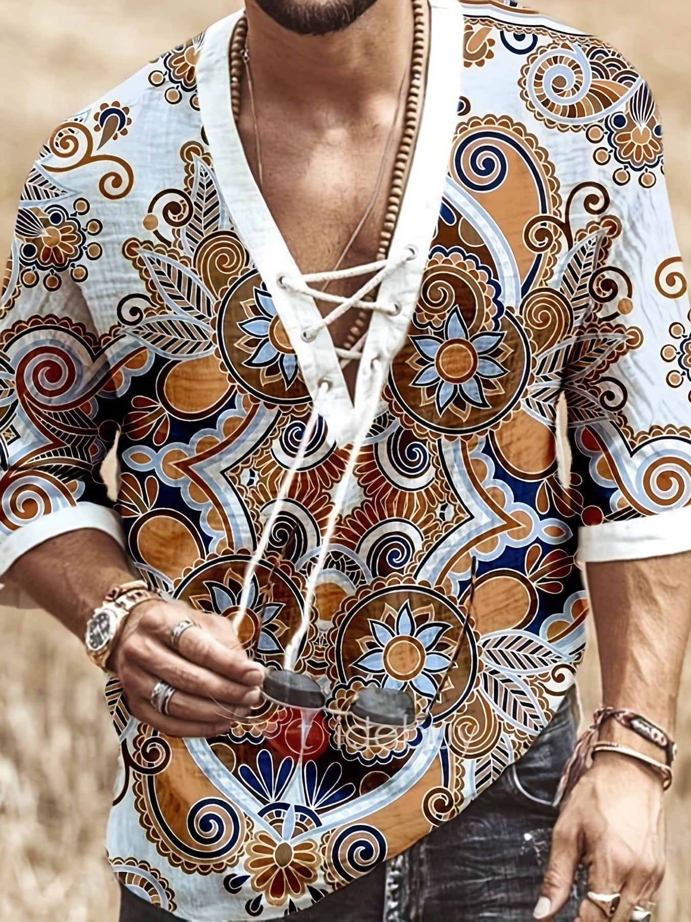 Men's Bohemian Pattern Shirt Top V Neck Lace Up Collar 3/4 Sleeves Closure Regular Fit Male Casual Shirt For Daily Beach Resorts