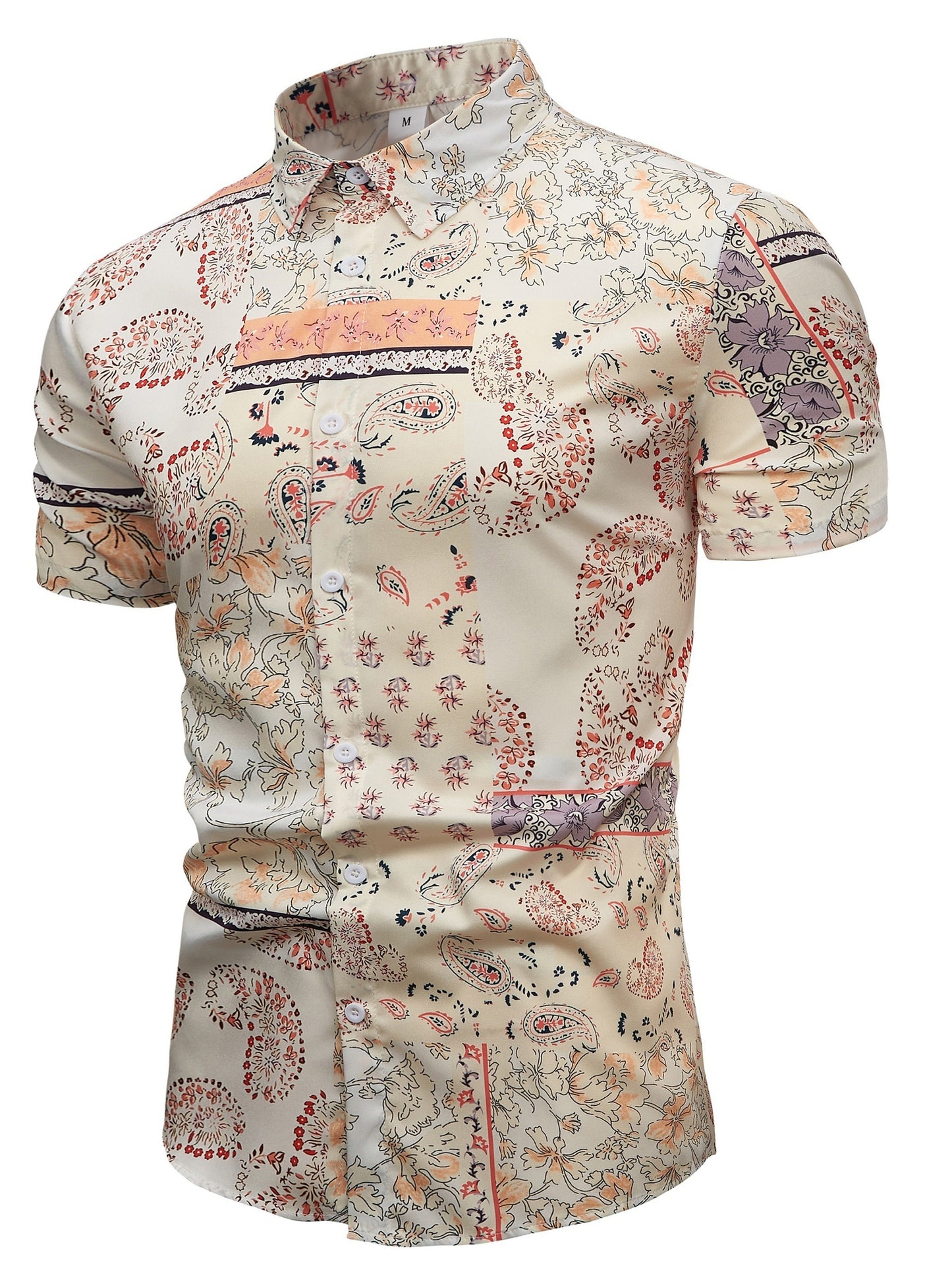 Boho Style Flower Pattern Men's Vintage Short Sleeve Button Down Shirt, Summer Vacation