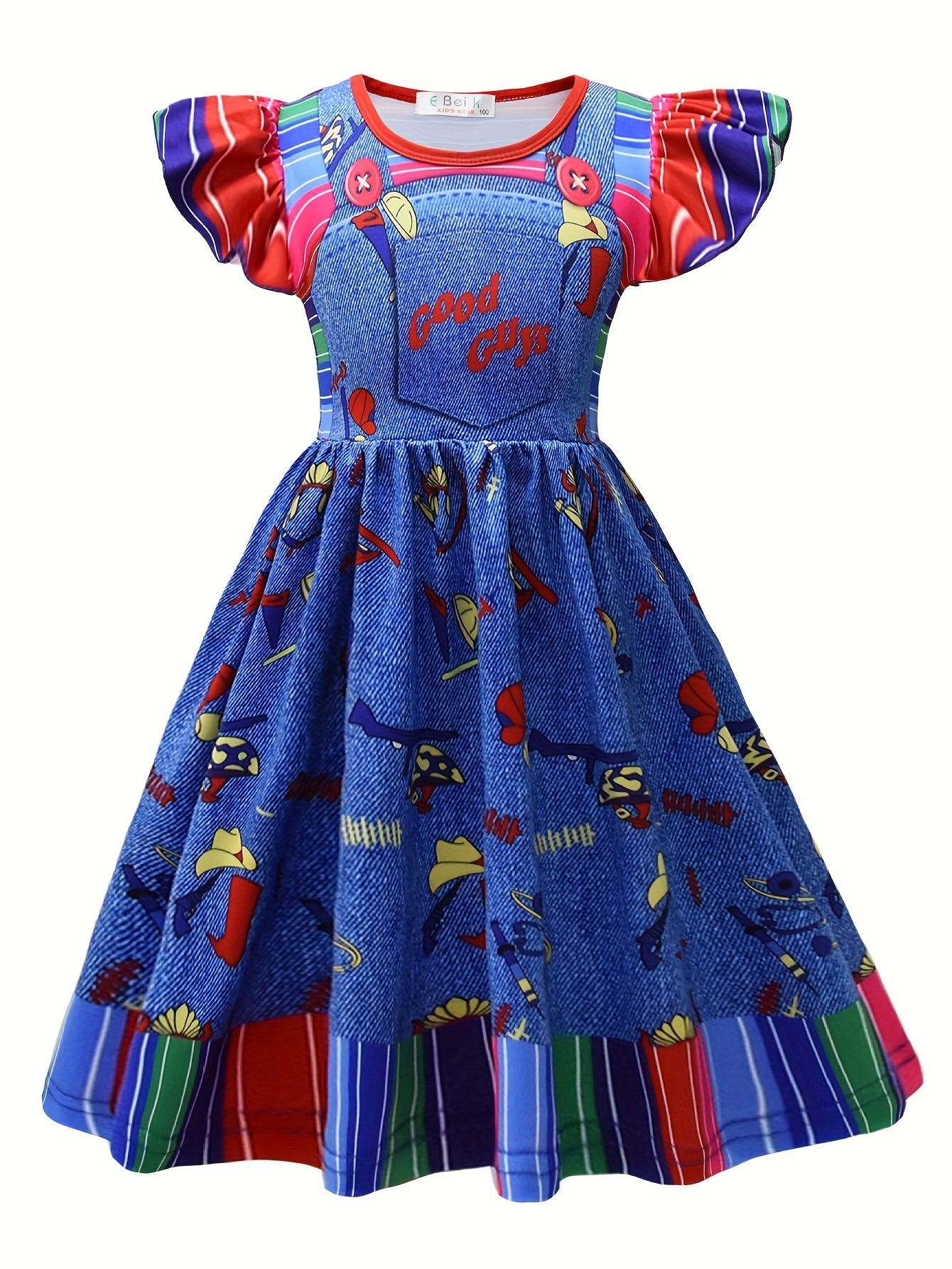 Girls Stylish Princess Allover Imitation Denim Print Flutter Sleeve Dress Up Halloween Party Dress