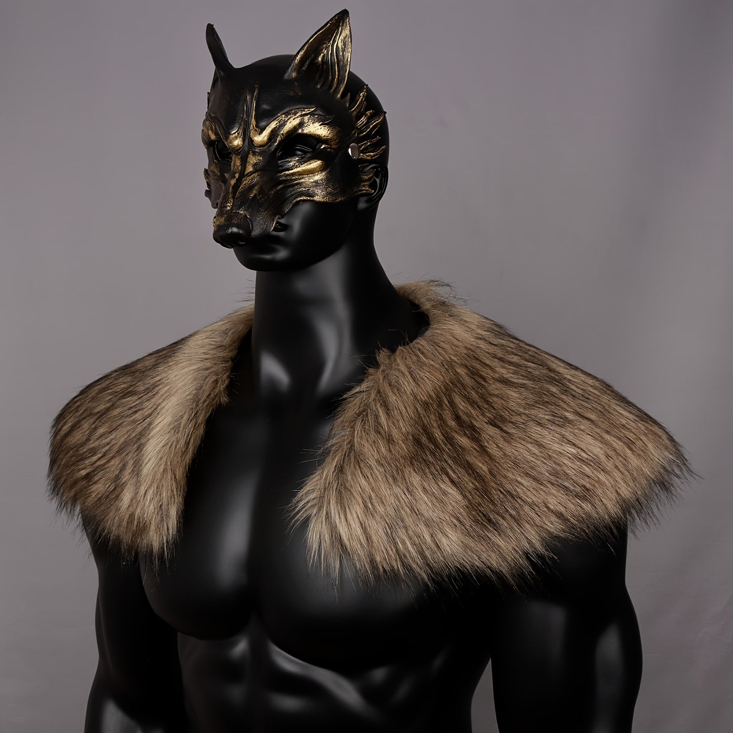 Halloween Faux Fur Shawl and Wolf Mask Set, Men's Faux Fur Collar, Werewolf Dress Up Mask, Masquerade Cosplay Party Costume, Performance Props