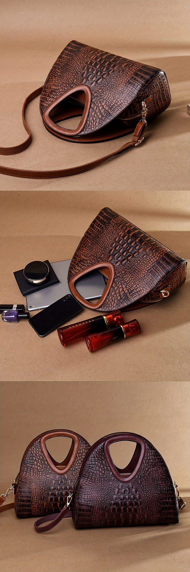 2-Piece Set PU Leather Handbag & Clutch Zipper Purse, Crocodile Embossed, Fashion Commuter Bags