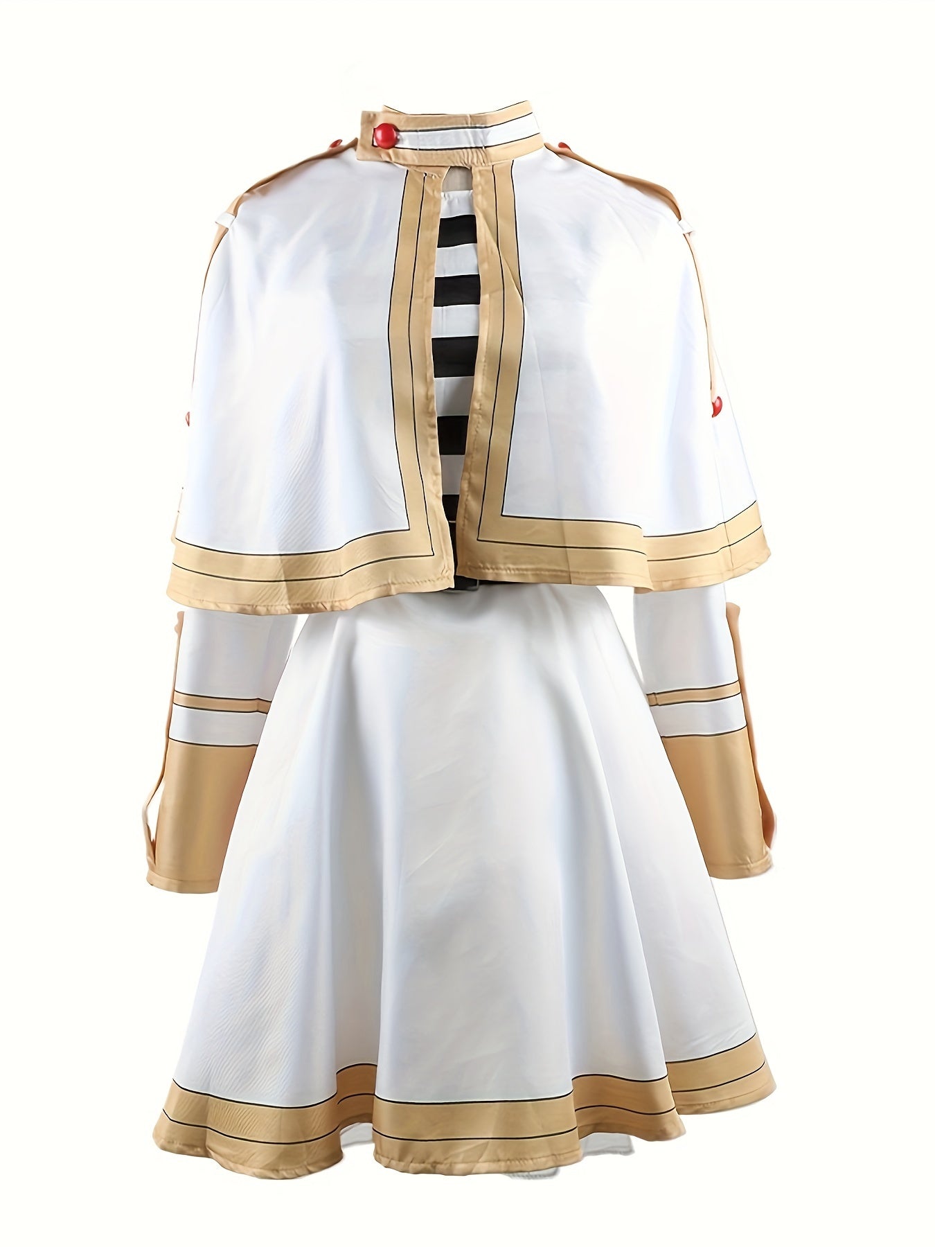 Epaulettes Contrast Trim Belted Cosplay Set, Crop Open Front Cape & Striped Button Cuff Long Sleeve Pleated Dress, Women's Clothing