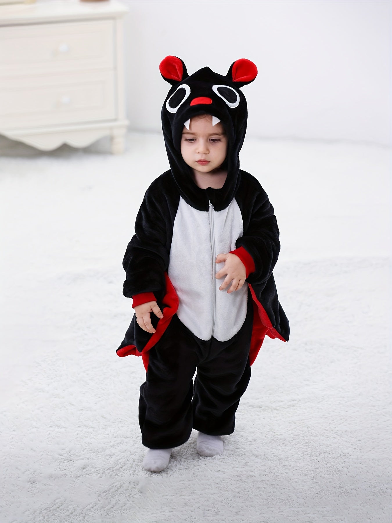 Baby's Halloween Style Bat Hooded Jumpsuit, Warm Fuzzy Wings Sleeve Romper, Baby Boy's & Girl's Clothes.