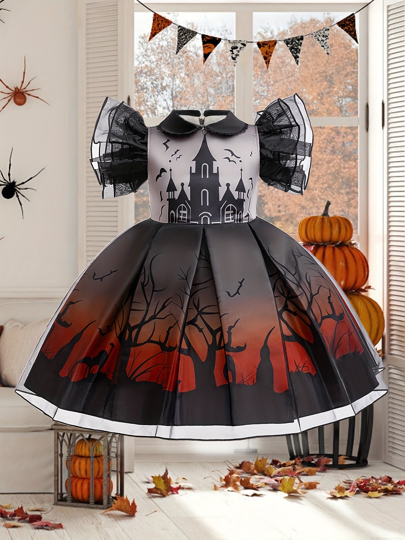 Girls Stylish & Fancy Layered Mesh Sleeve Cartoon House & Trees Pattern Tutu Dress, Halloween Inspired Gown For Party