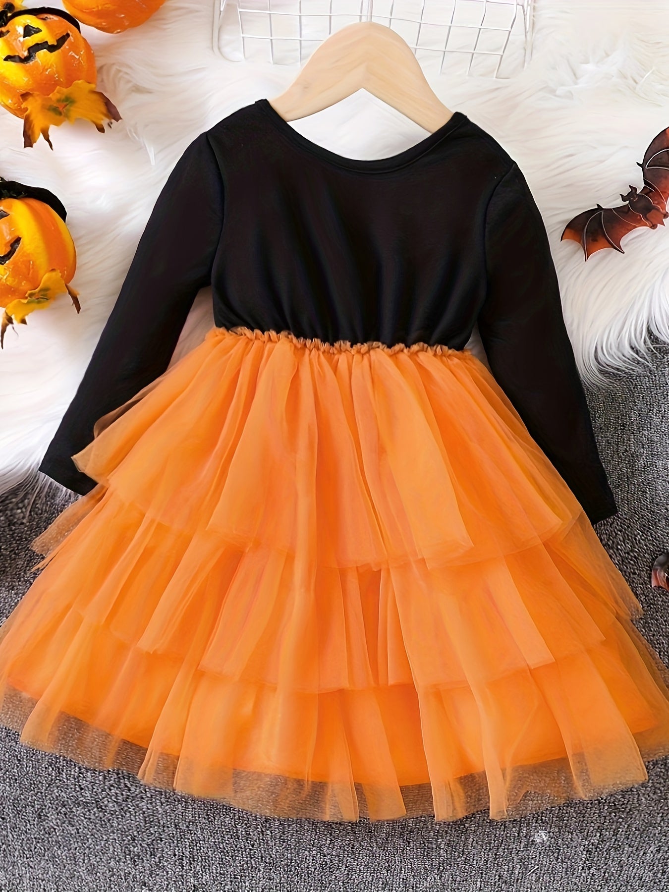 Halloween Little Girl's Long Sleeve Tutu Dress Spider & Pumpkin Print Fall Winter Holiday Halloween Dress