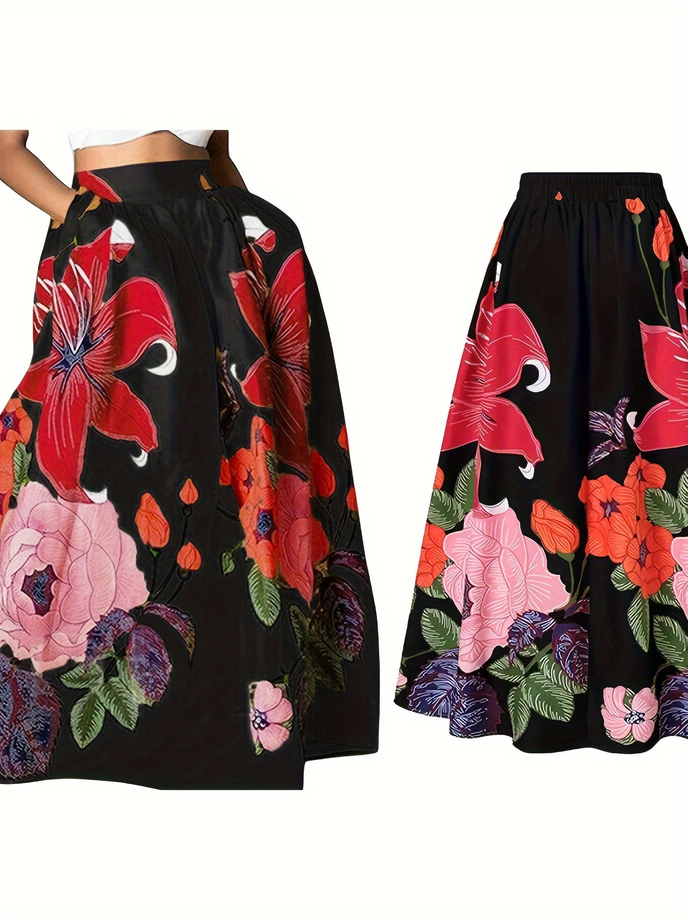 Womens Long Skirts Bohemian Floral Print Pocket Loose Fit Elastic Waist Puffy Skirts