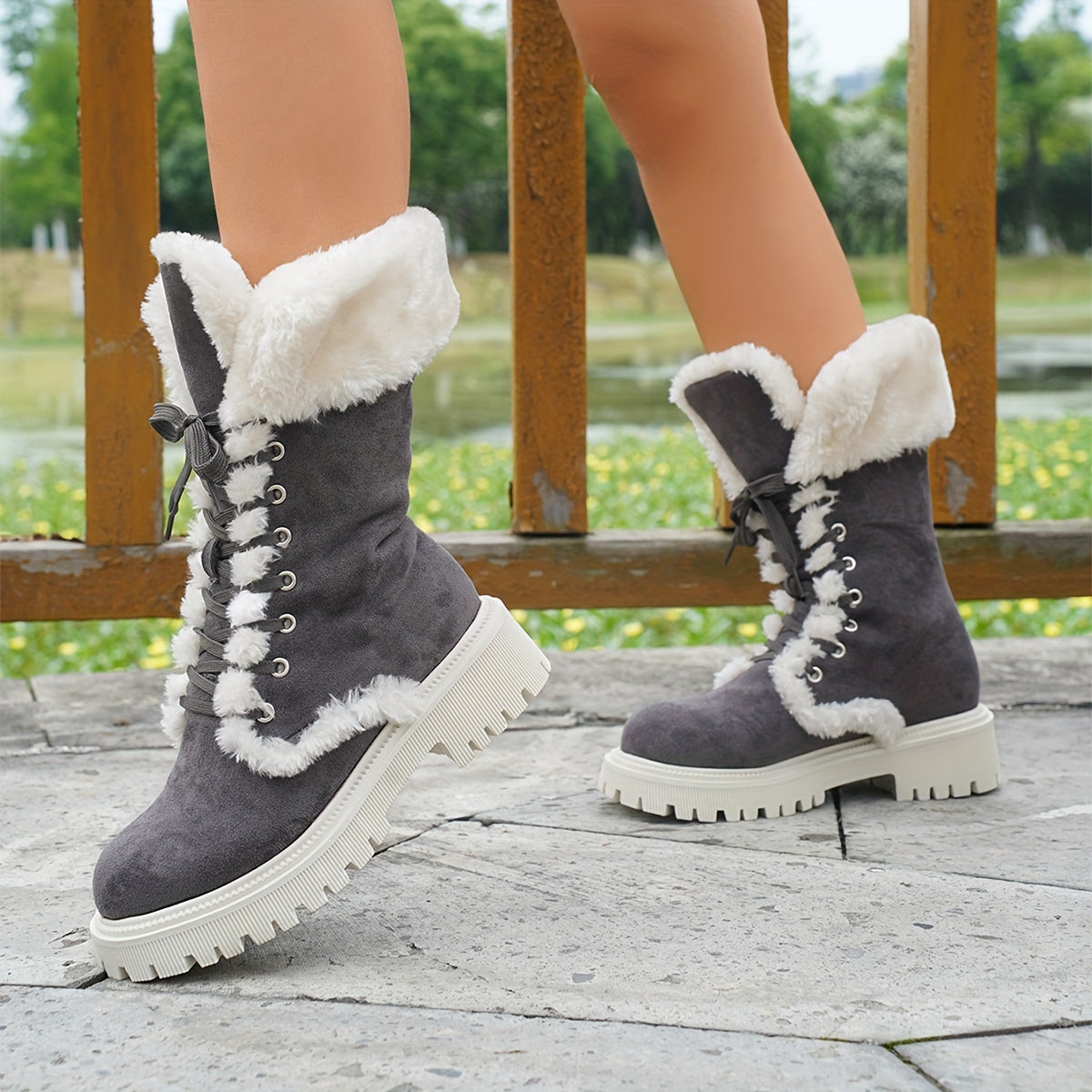 Women's Solid Color Fluffy Boots, Platform Soft Sole Thermal Lining Mid Calf Boots, Non-slip Winter Snow Boots