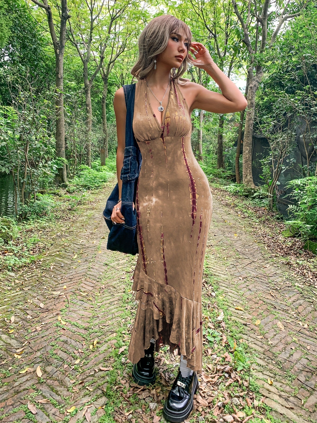 Boho Grunge Tie-dye Halter Neck Backpack Hip Irregular Hem Long Dress