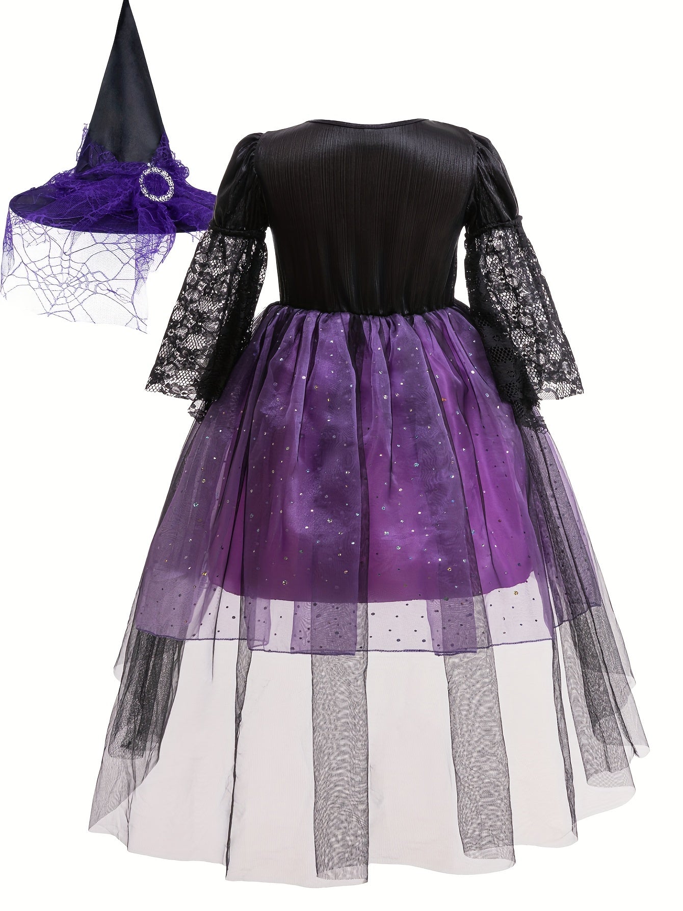 Girls Fun & Stunning Short Sleeve Lace Trim Layered Tutu Magical Character Dress & Pointed Hat For Halloween Party, 2PCS.