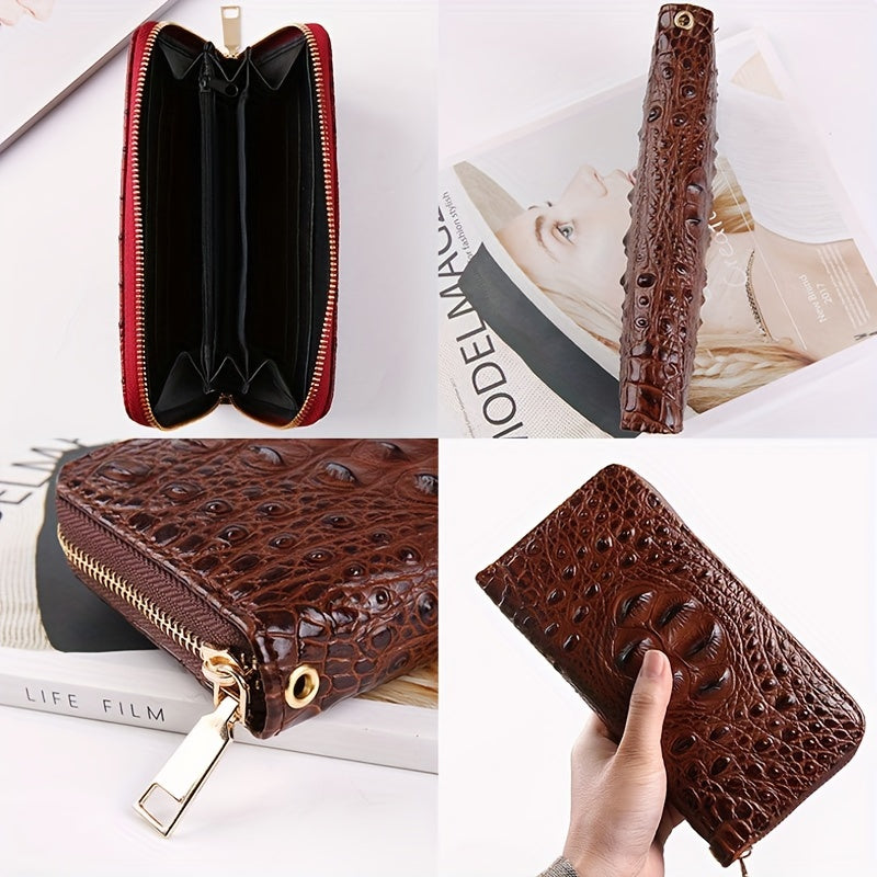 2-Piece Set PU Leather Handbag & Clutch Zipper Purse, Crocodile Embossed, Fashion Commuter Bags