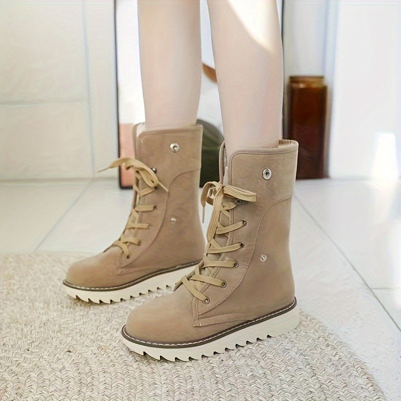 Women's Solid Color Platform Boots, Fashion Plush Lined Lace Up Boots, Comfortable Winter Boots