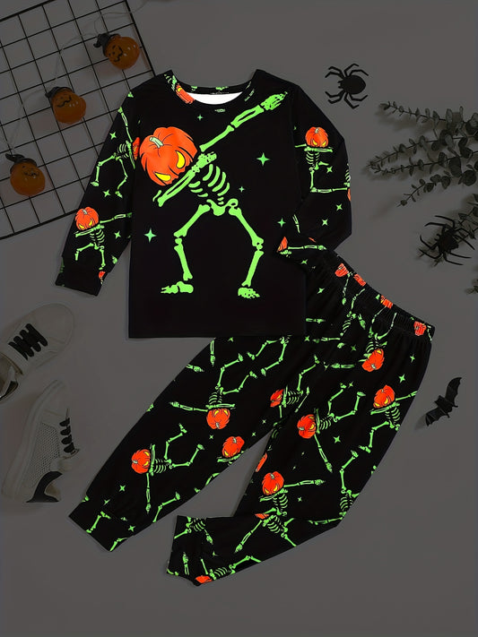 Boys Girls Halloween Glow-in-the-Dark Skeleton And Pumpkin Print Long Sleeve Crew Neck Top And Pants Set, Trick Or Treat Comfy Clothes