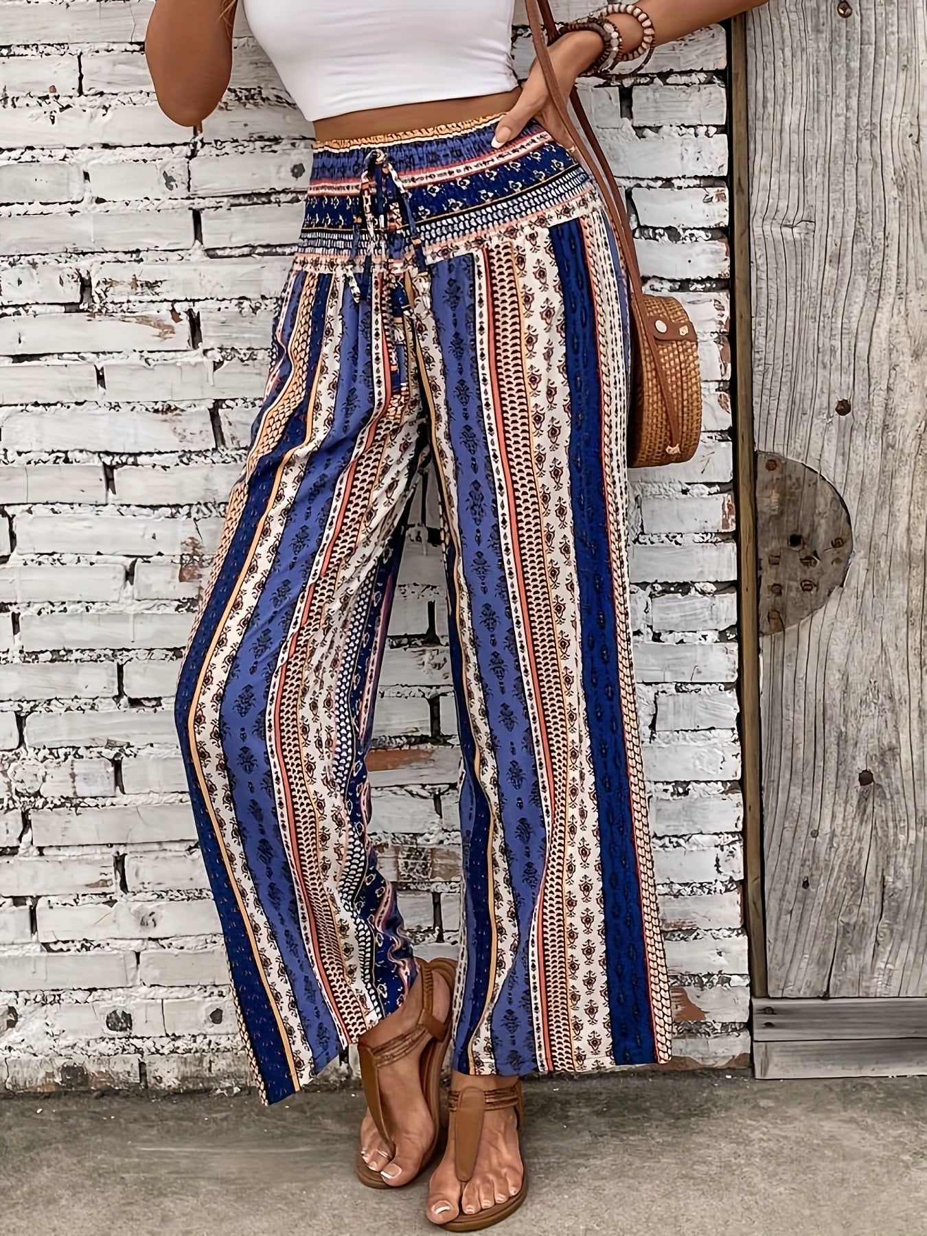 Ethnic Graphic Print Pants, Boho Shirred Waist Wide Leg Pants