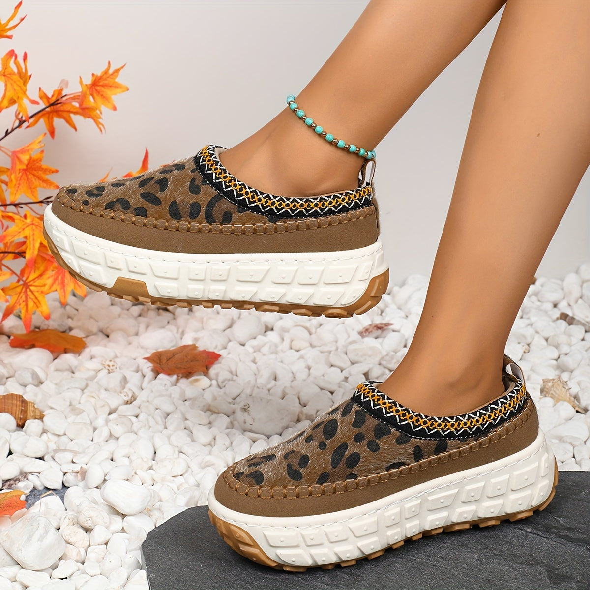 Leopard Print Retro Style Slip-On Flat Ankle Boots For Women, PU Leather, All-Season Casual Footwear