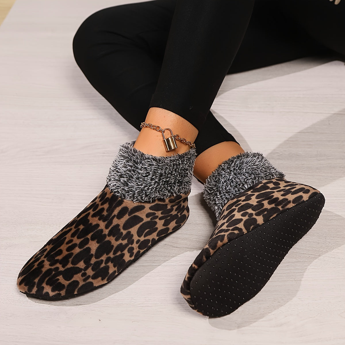 Women's Leopard Print Slipper Socks - 2 Pairs Elegant Polyester Knit Fabric Socks with Anti-Slip Sole, Cozy Plush Lined Short Socks for Indoor Use, Hand Washable - Customized Style