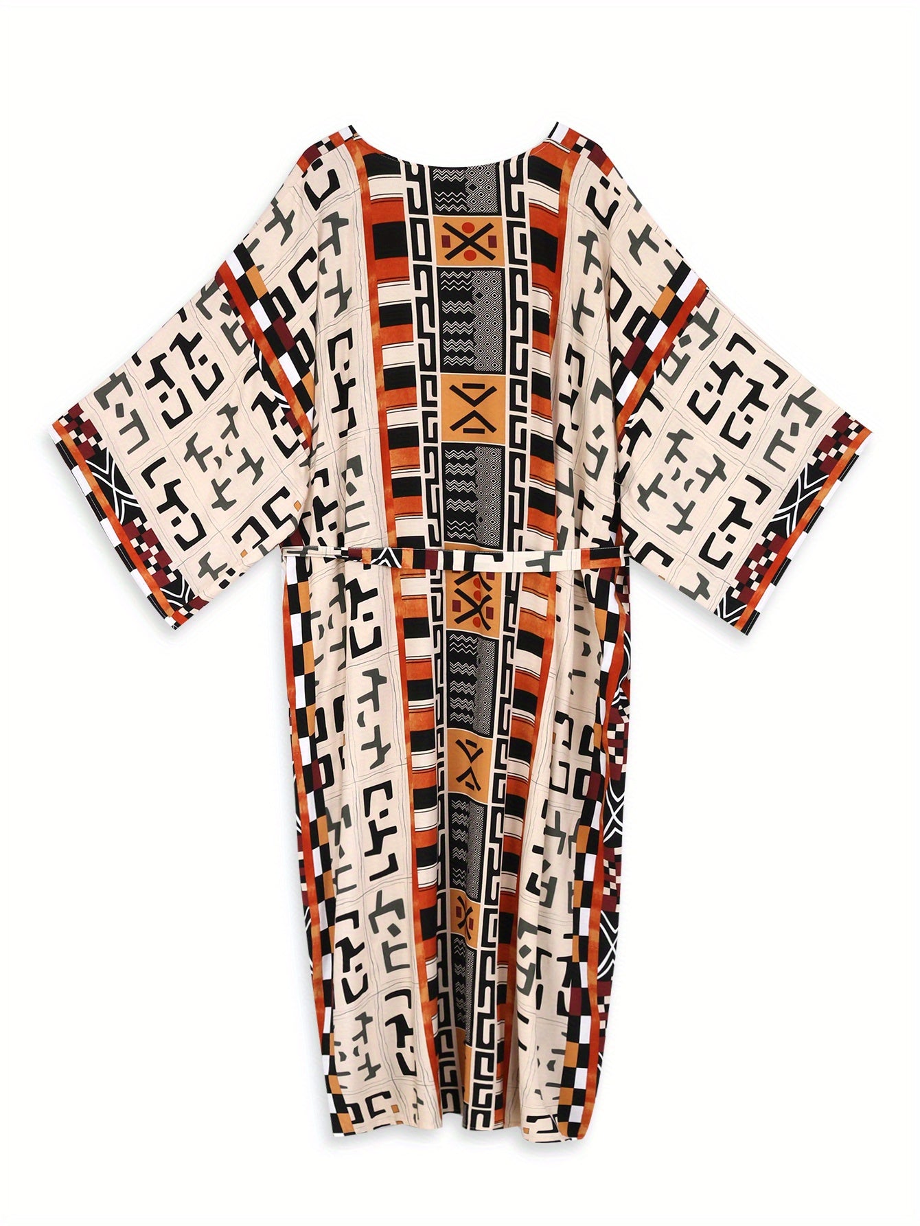 Geo Print Open Front Belted Kimono, Boho Long Sleeve Beachwear Cove Up.