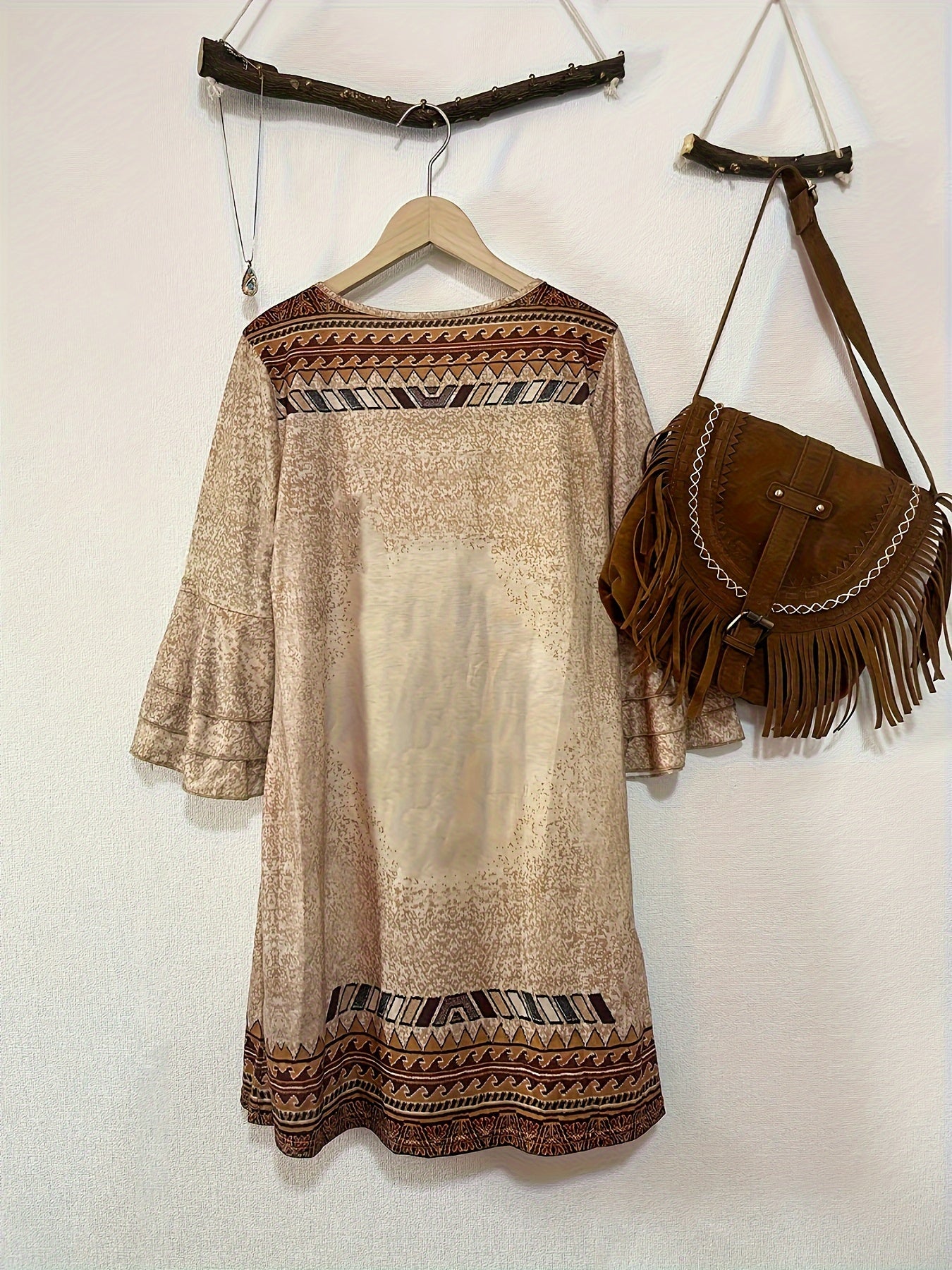 Boho Aztec Print Lounge Dress, Layered Ruffle Trim Bell Sleeve V Neck Dress, Women's Loungewear